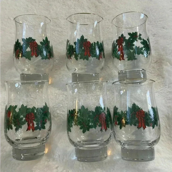 6 Vintage Libbey Christmas Holly Berry Wreath Garland Red Bow Glasses Gold Trim - Picture 1 of 15